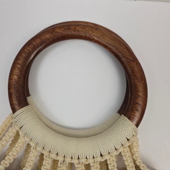 Cream & Gold Macrame & Wood Hoop Top Handle Tote/Purse - Picture 9 of 13